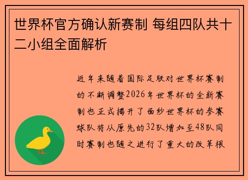 世界杯官方确认新赛制 每组四队共十二小组全面解析